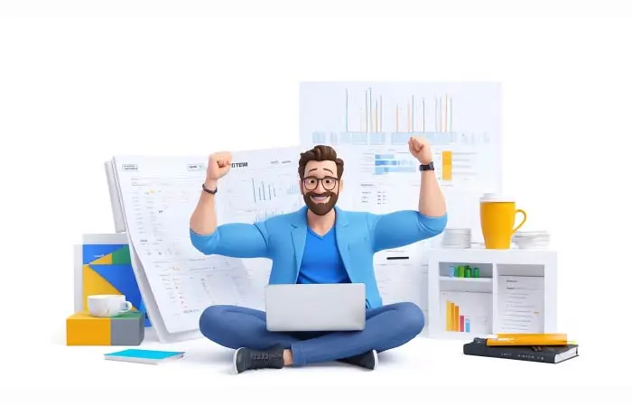 Happy Man Working from Home with a Laptop 3D Character Illustration image